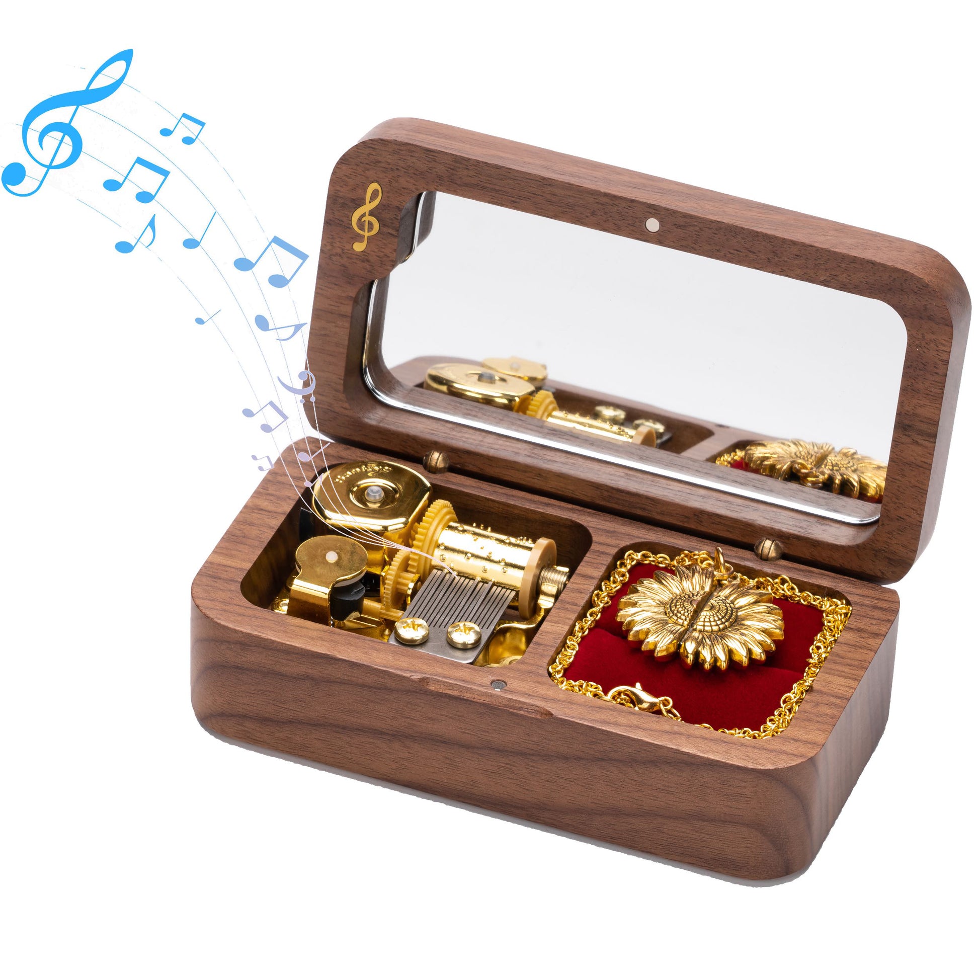 Handcrafted walnut jewelry music box playing You Are My Sunshine, sentimental gift for daughter, mom and wife